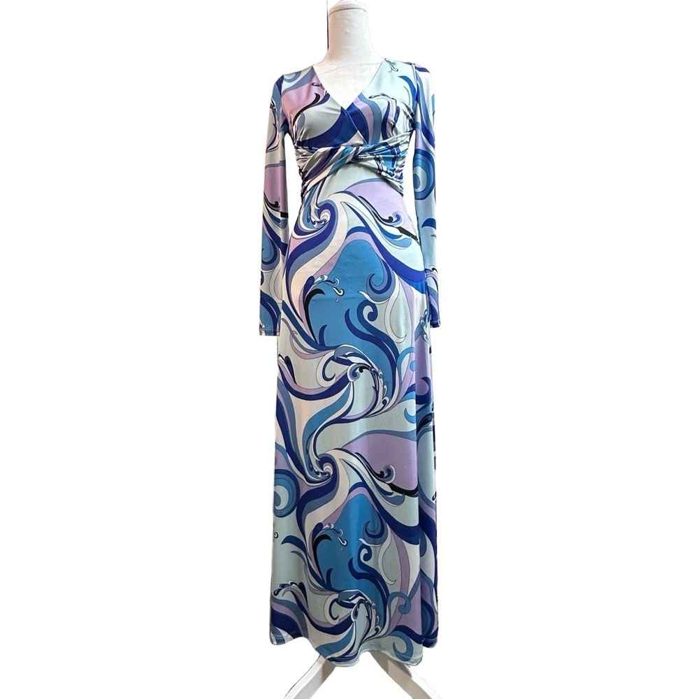L'AGENCE Nolita Twist Swirl Print Maxi Dress Blue Purple V-Neck Long Sleeve‎ XXS